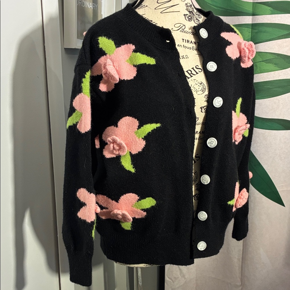 Chic Black Cardigan with Pink Floral Accents